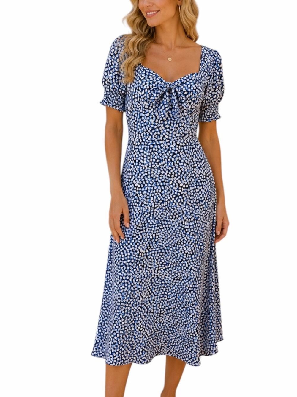 Draper James Sweetheart Midi Dress Size 8 Tie Front Puff Sleeve Blue Geo Print